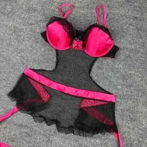 Apt 9 Intimates Hot Pink Black Lace Mesh Babydoll Chemise Lingerie Size Medium